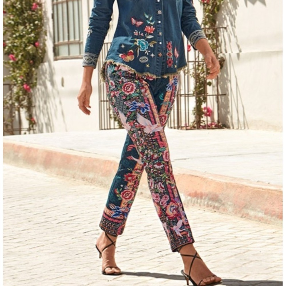 Johnny Was Aria Pants Women's 4 Skies Floral Print Stretch Slim Leg Boho Artsy‎